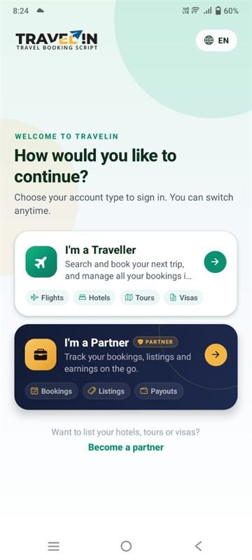 Choose traveller or partner account
