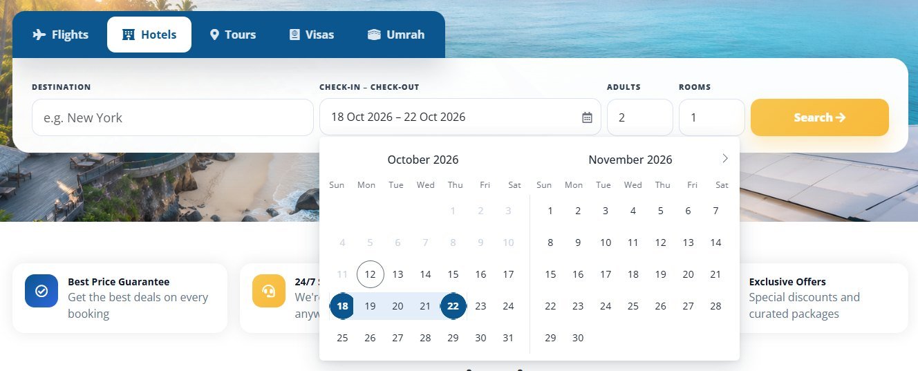 Check-in to check-out date range calendar