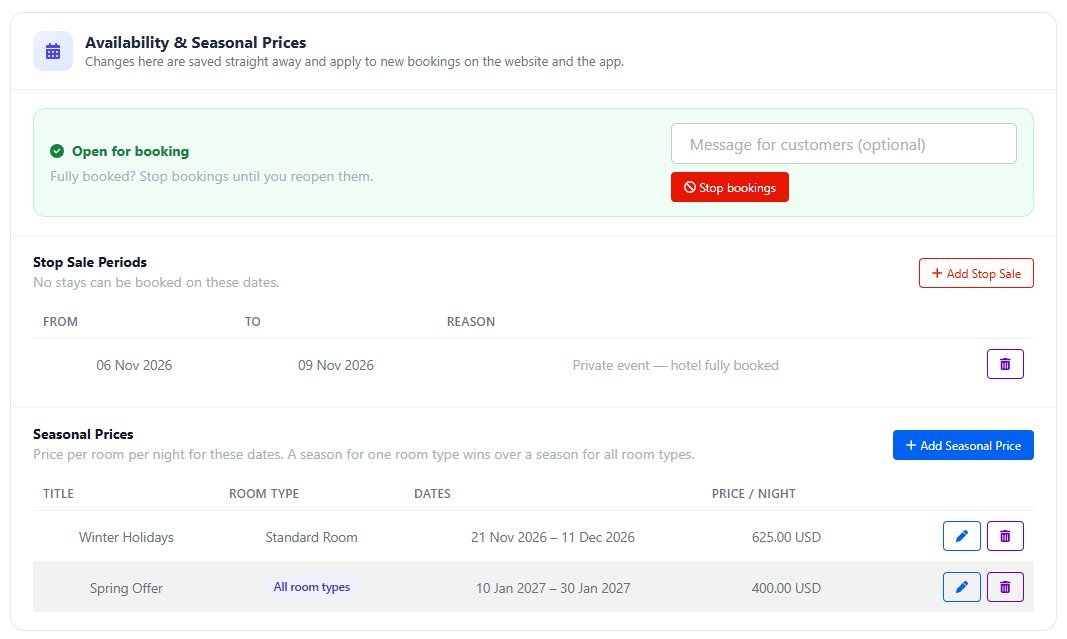 Availability and seasonal prices panel in the admin hotel editor