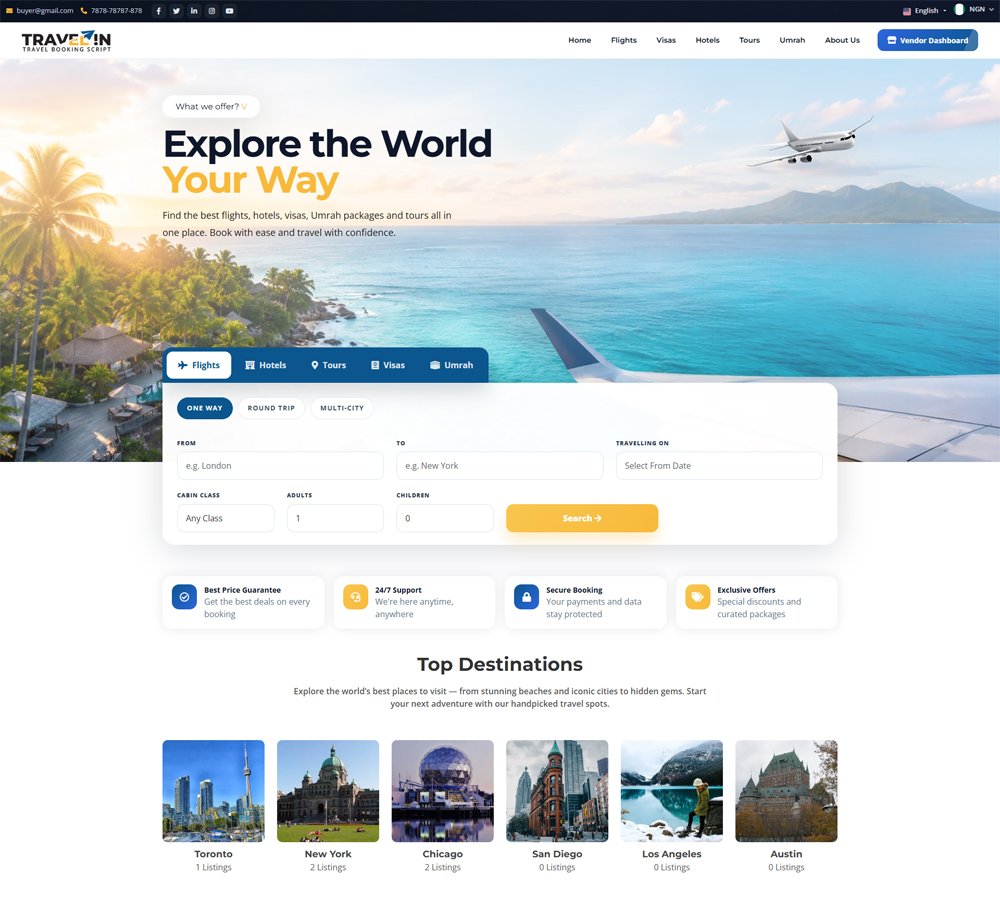 Travelin customer website with flight, hotel, tour, visa and Umrah search
